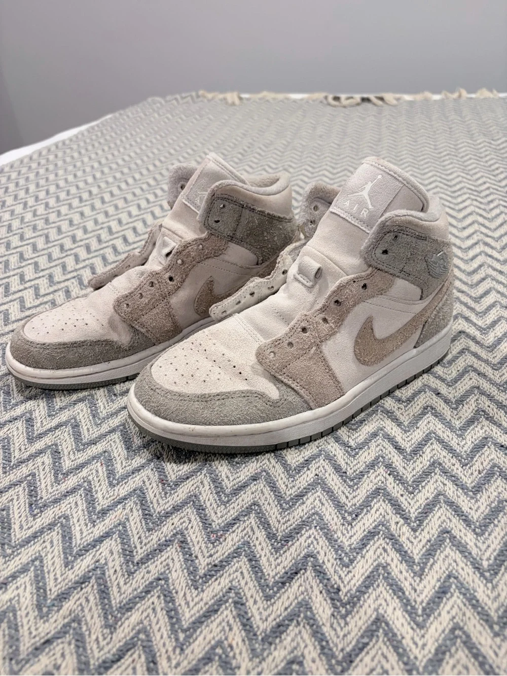 Nike Air Jordan 1 Mid SE “Grey Fog / Photon Dust” Suede Sneakers – Women’s 7